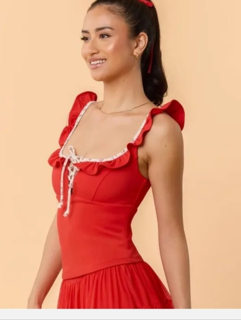 Blogilates Ruffle Lace Up Tank - Red w Floral Trim